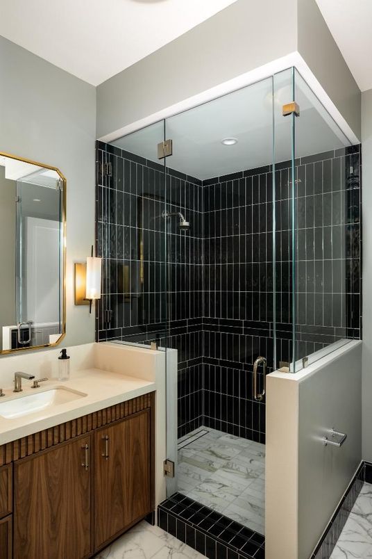 Bathroom, Glass Shower, Interior, Marble, Recessed Lighting