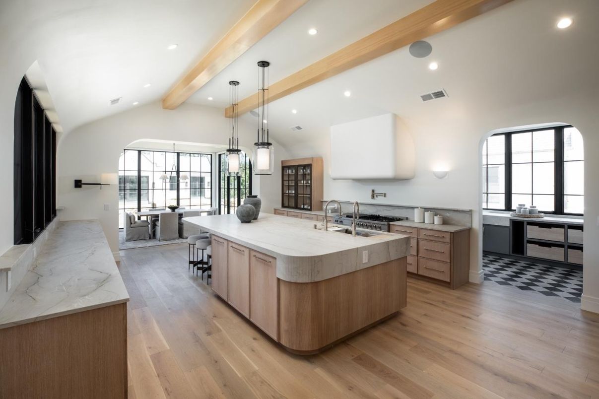Interior, Kitchen, Pendant Lights, Recessed Lighting, Wooden Beams, Wood Texture Flooring