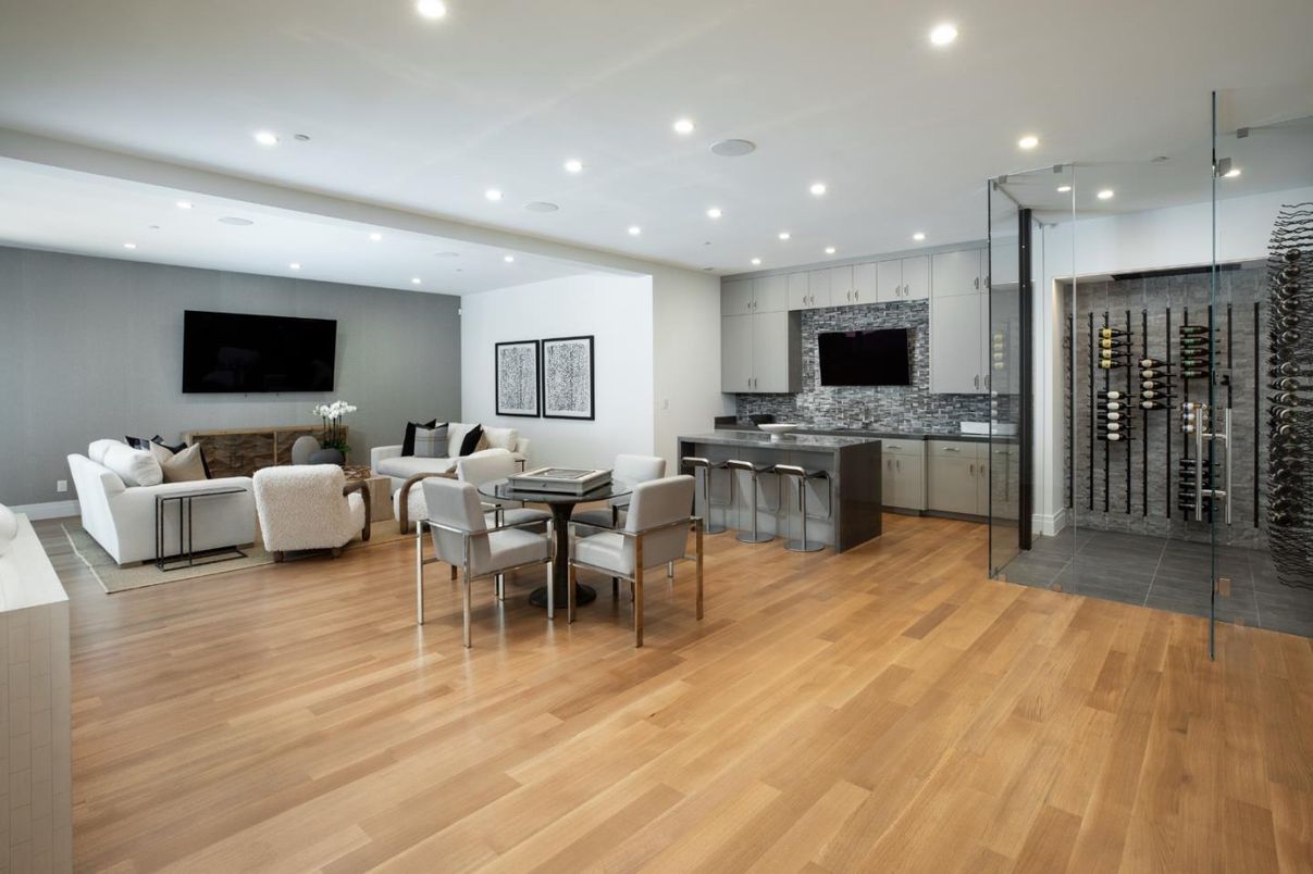 Dining room, Interior, Kitchen, Living room, Recessed Lighting, Wine Storage, Wood Texture Flooring