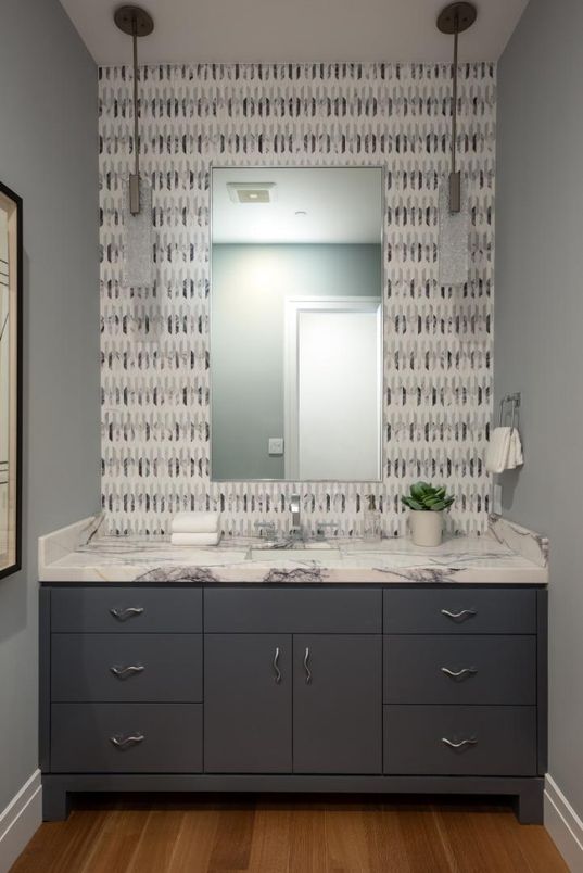 Bathroom, Dual Sink Vanities, Interior, Pendant Lights, Wood Texture Flooring