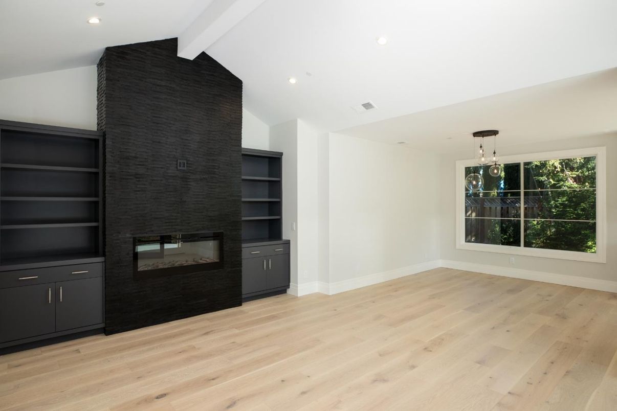 Empty room, Fireplace, Interior, Pendant Lights, Recessed Lighting, Wood Texture Flooring