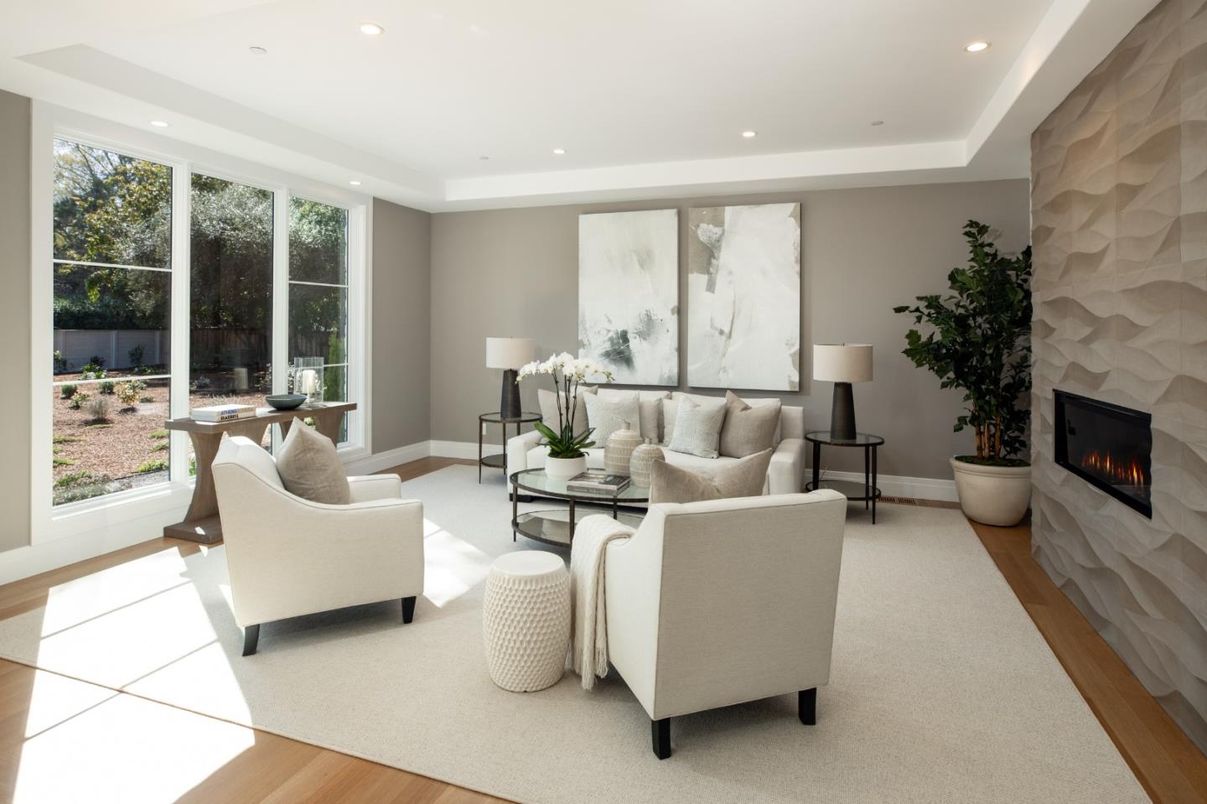 Fireplace, Interior, Living room, Recessed Lighting, Wood Texture Flooring