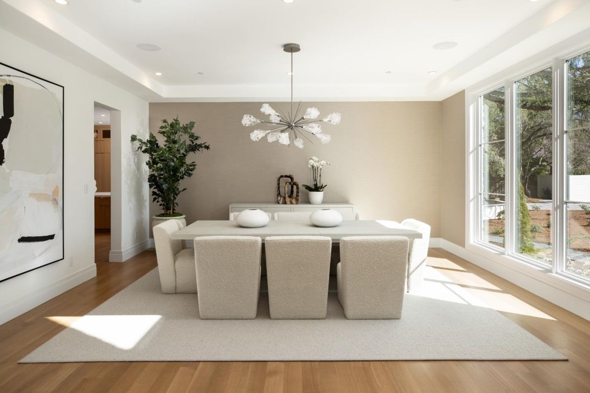 Dining room, Interior, Pendant Lights, Recessed Lighting, Wood Texture Flooring