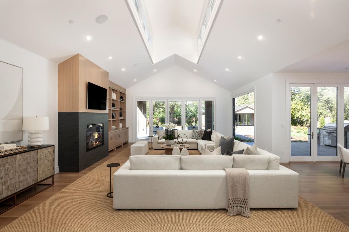 Fireplace, Interior, Living room, Recessed Lighting, Wood Texture Flooring