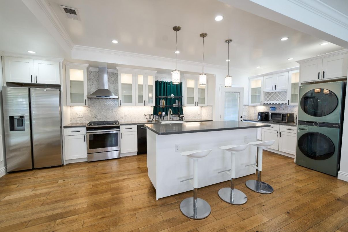 Interior, Kitchen, Pendant Lights, Recessed Lighting, Stainless Steel Appliances, Wood Texture Flooring
