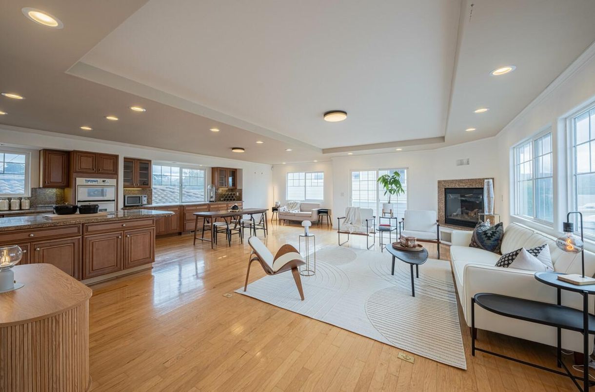 Dining room, Fireplace, Interior, Kitchen, Living room, Recessed Lighting, Wood Texture Flooring
