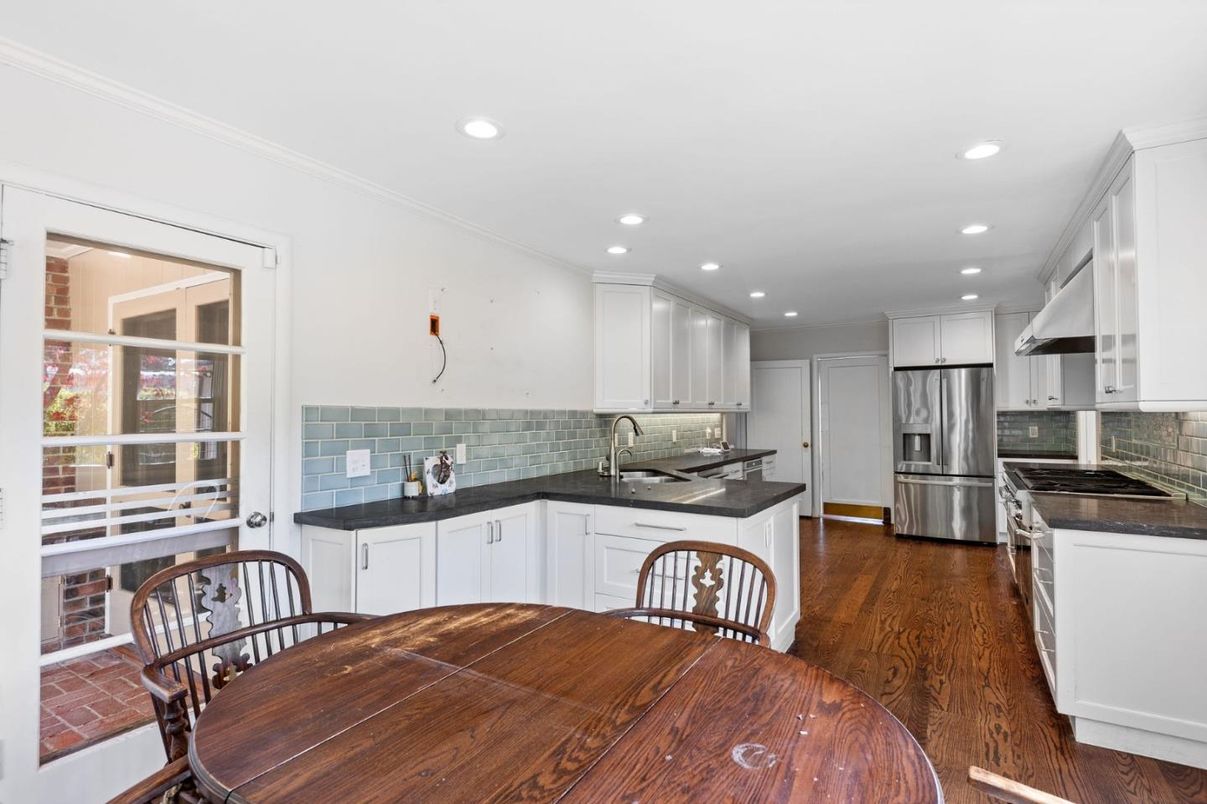 Dining room, Interior, Kitchen, Recessed Lighting, Stainless Steel Appliances, Wood Texture Flooring