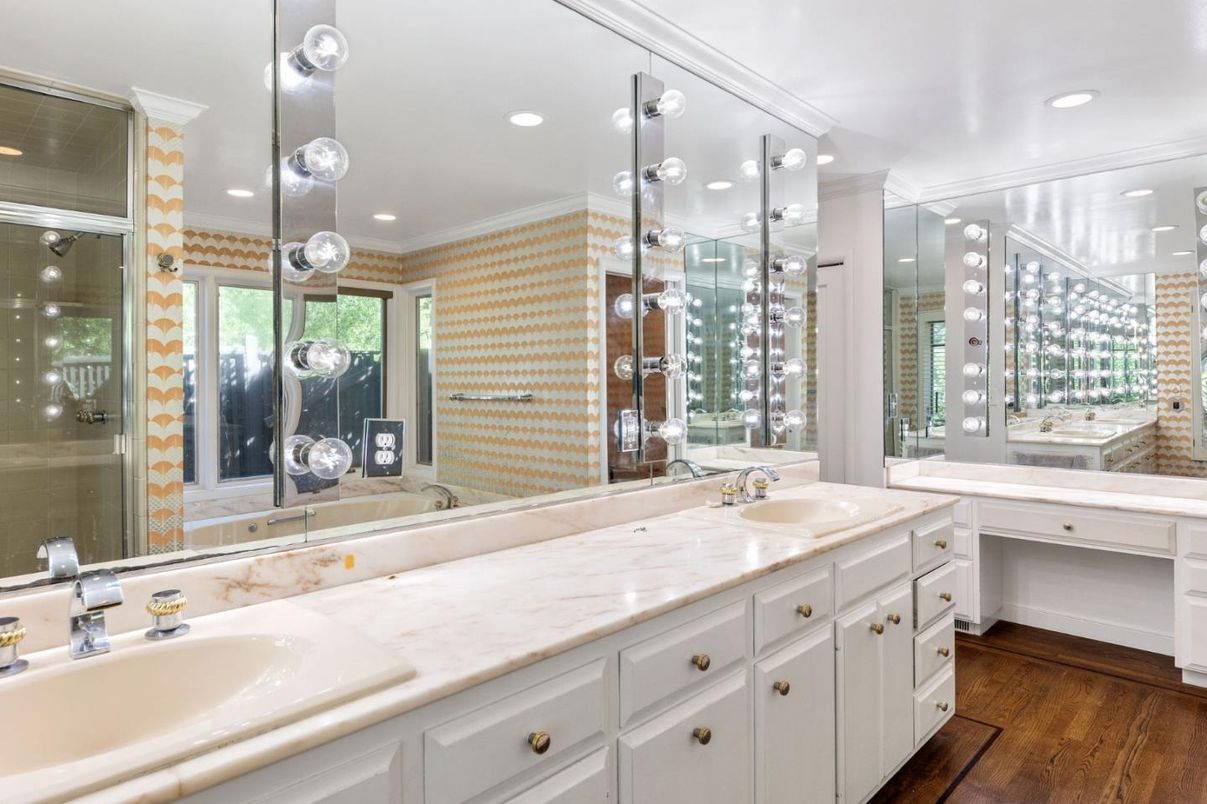 Bathroom, Dual Sink Vanities, Glass Shower, Interior, Recessed Lighting, Wood Texture Flooring