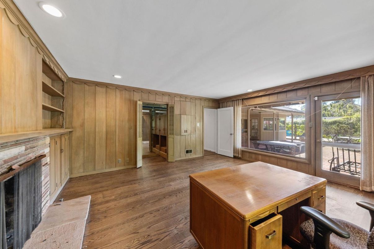 Fireplace, Home Office, Interior, Recessed Lighting, Wood Texture Flooring, Wooden Walls