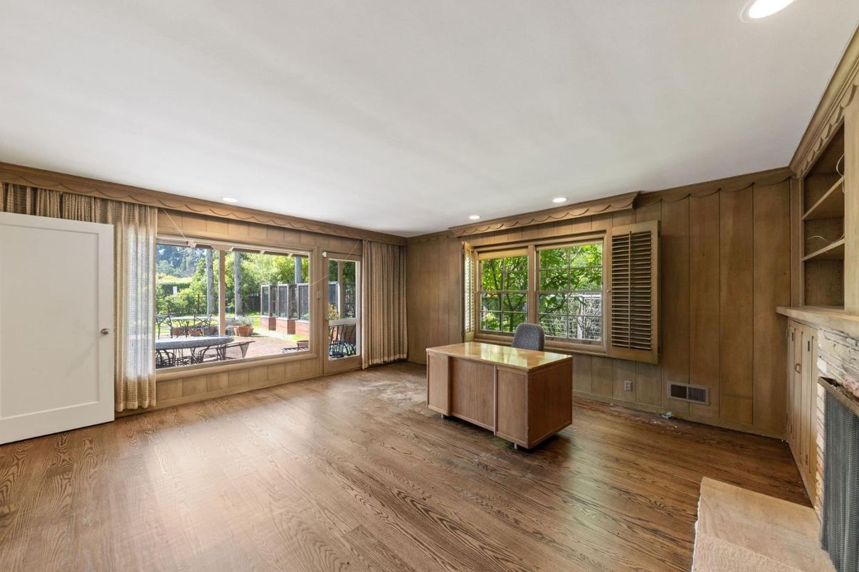 Empty room, Fireplace, Interior, Recessed Lighting, Wood Texture Flooring, Wooden Walls