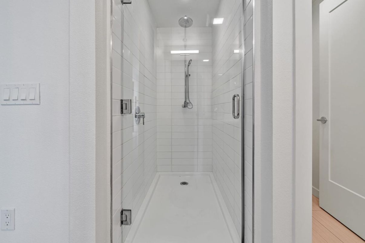 Bathroom, Glass Shower, Interior, Recessed Lighting, Wood Texture Flooring