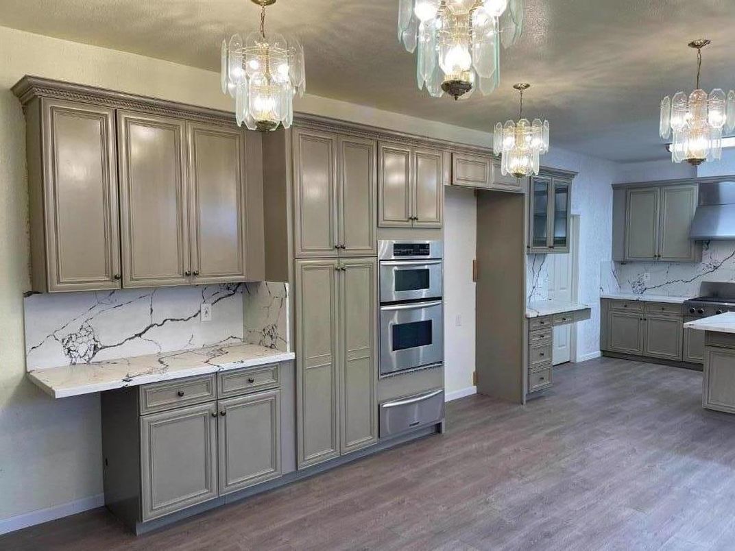 Chandelier, Interior, Kitchen, Marble Walls, Stainless Steel Appliances, Wood Texture Flooring