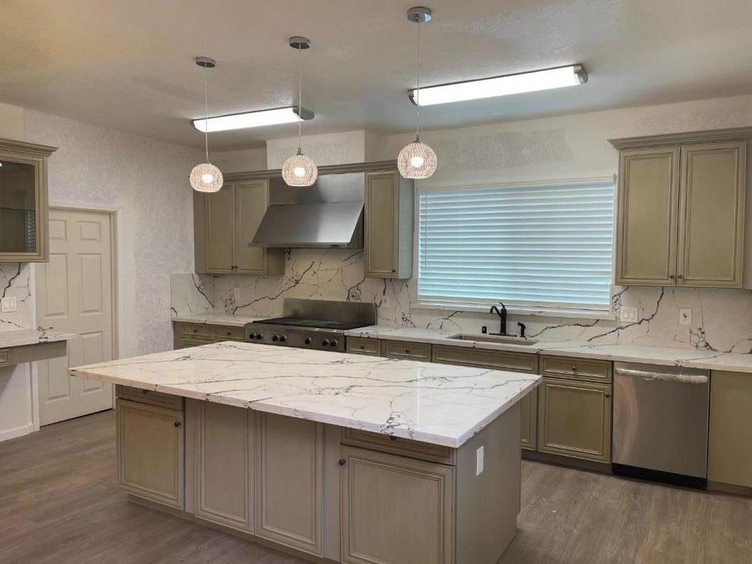 Interior, Kitchen, Marble Walls, Pendant Lights, Wood Texture Flooring