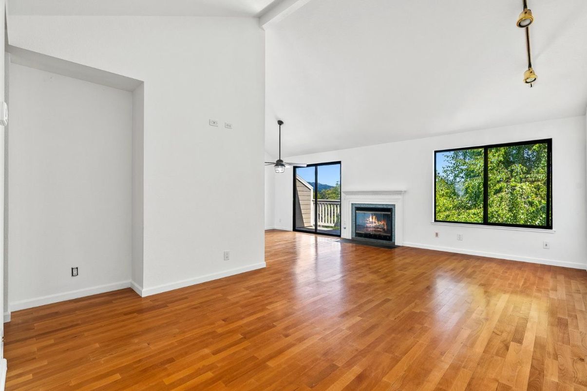 Empty room, Fireplace, Interior, Pendant Lights, Wood Texture Flooring