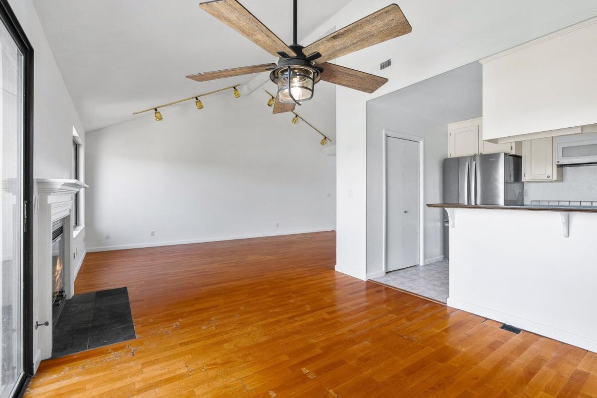 Empty room, Fireplace, Interior, Kitchen, Wood Texture Flooring