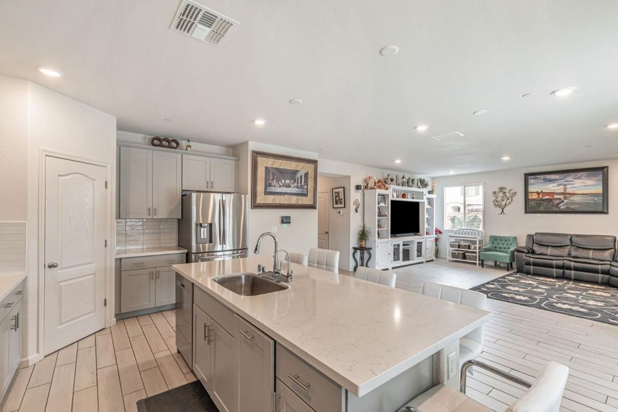 Interior, Kitchen, Living room, Recessed Lighting, Stainless Steel Appliances, Wood Texture Flooring