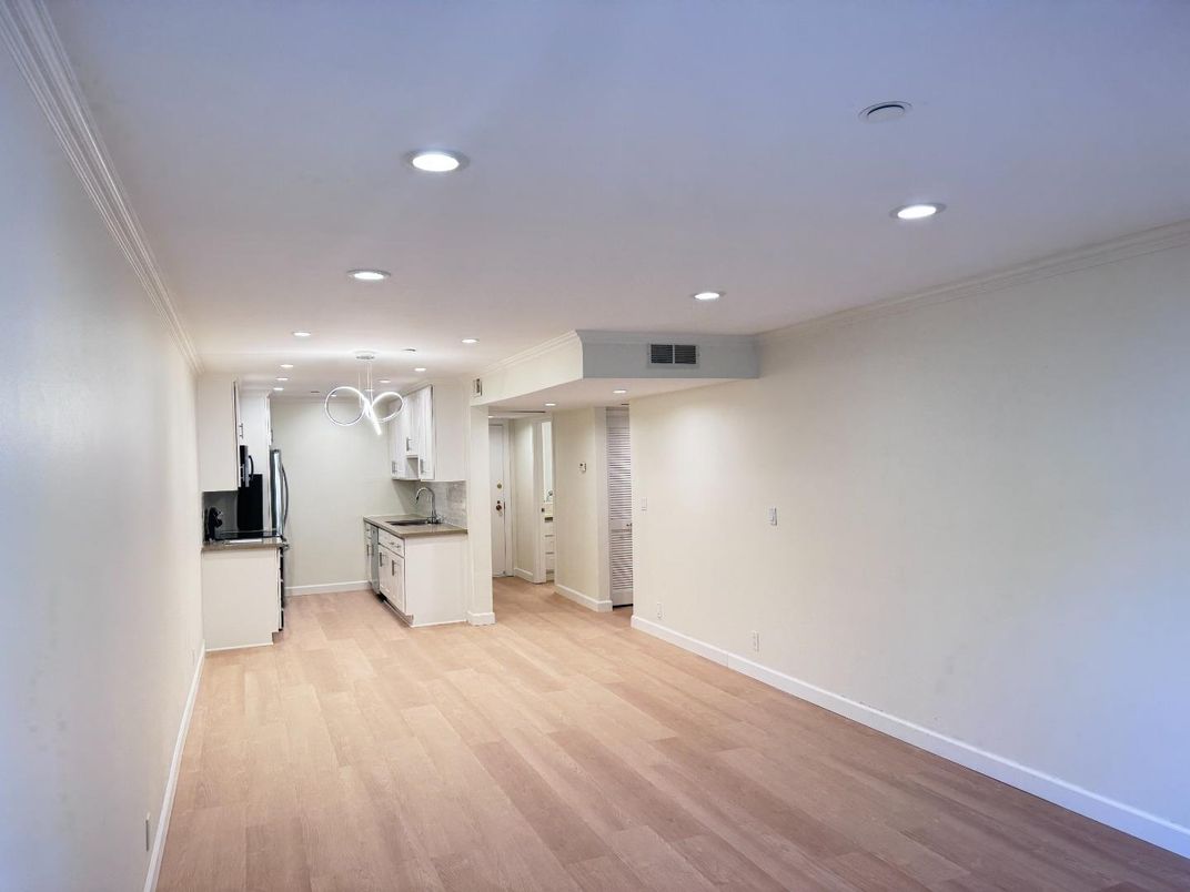 Empty room, Interior, Kitchen, Pendant Lights, Recessed Lighting, Wood Texture Flooring