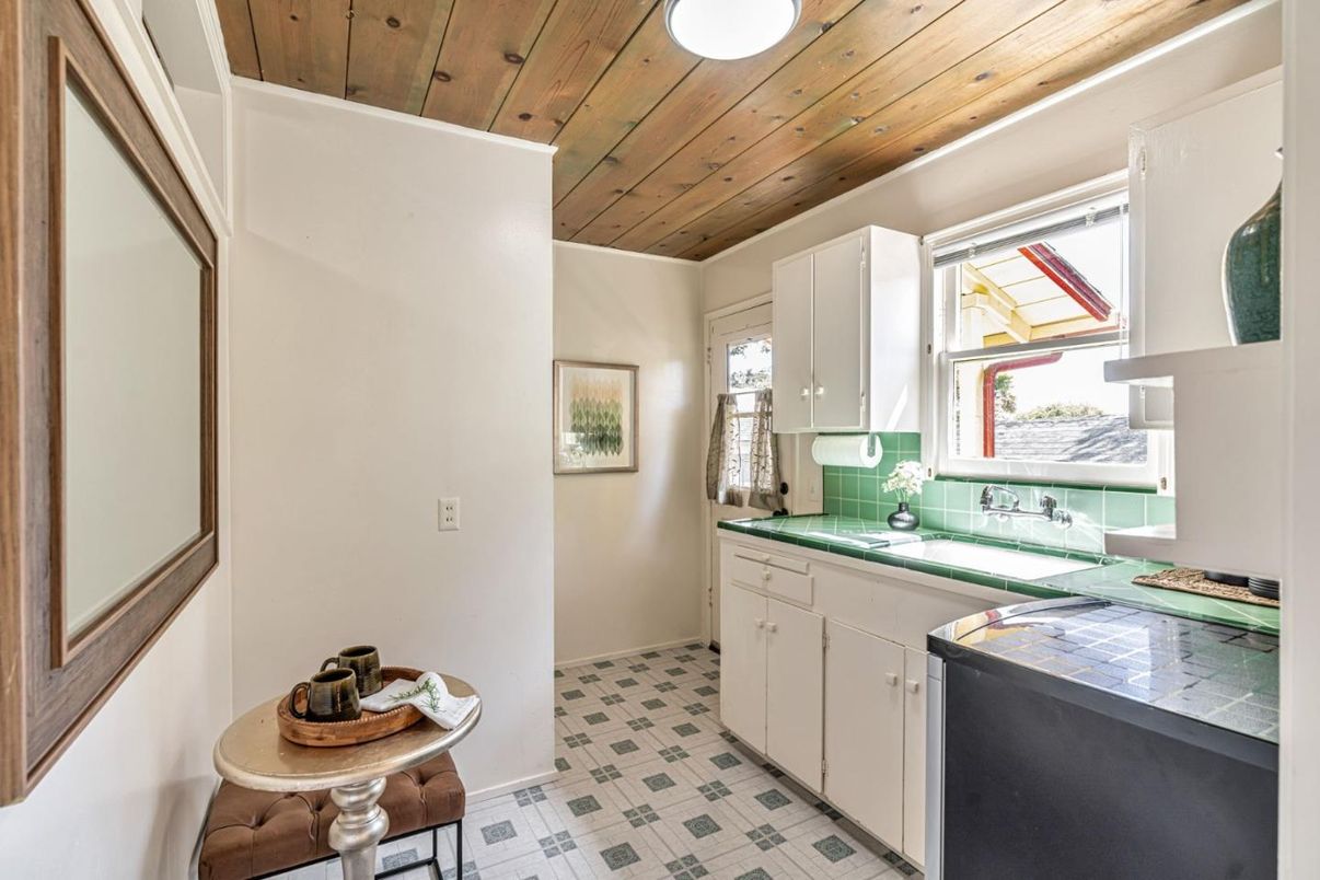 Interior, Kitchen, Tile Countertops, Wooden Ceilings