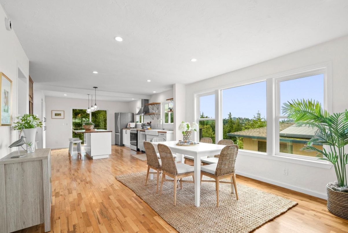 Dining room, Interior, Kitchen, Pendant Lights, Recessed Lighting, Wood Texture Flooring
