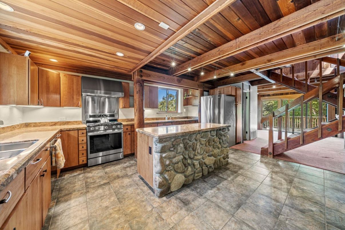 Interior, Kitchen, Recessed Lighting, Stainless Steel Appliances, Wooden Beams, Wooden Ceilings