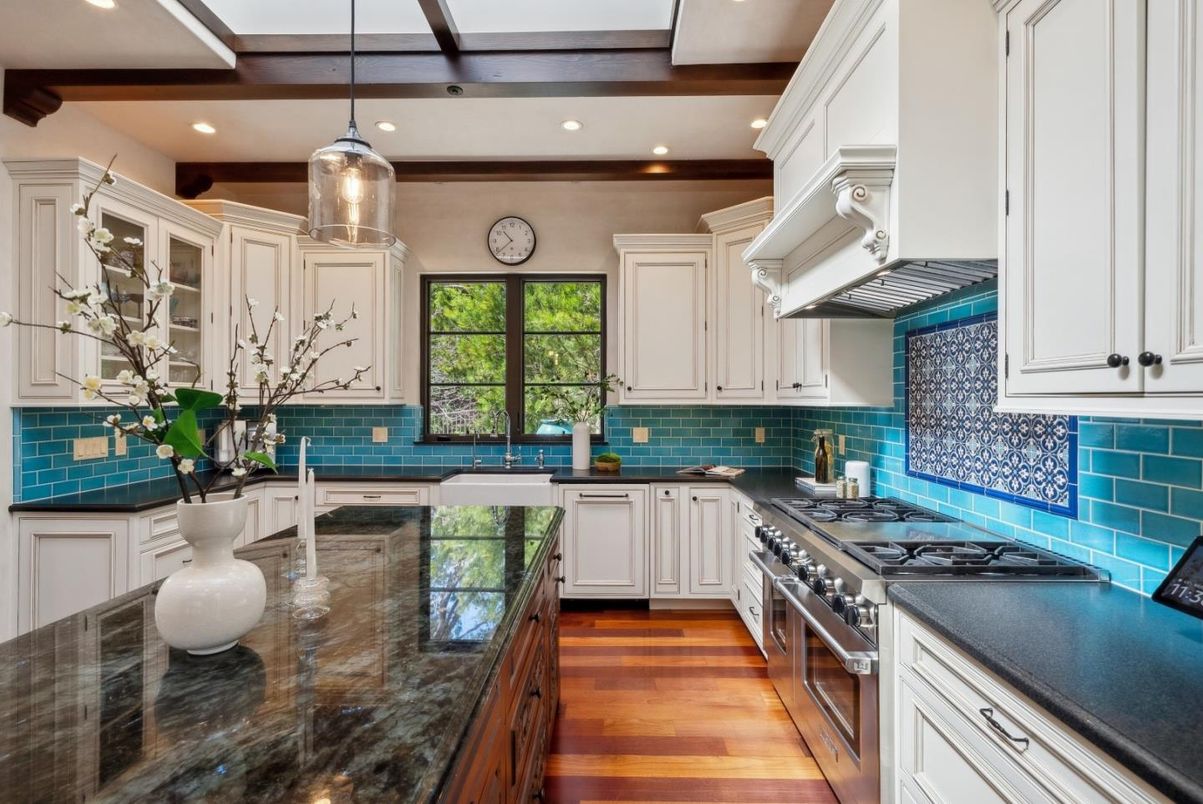 Interior, Kitchen, Pendant Lights, Recessed Lighting, Stainless Steel Appliances, Wooden Beams, Wood Texture Flooring