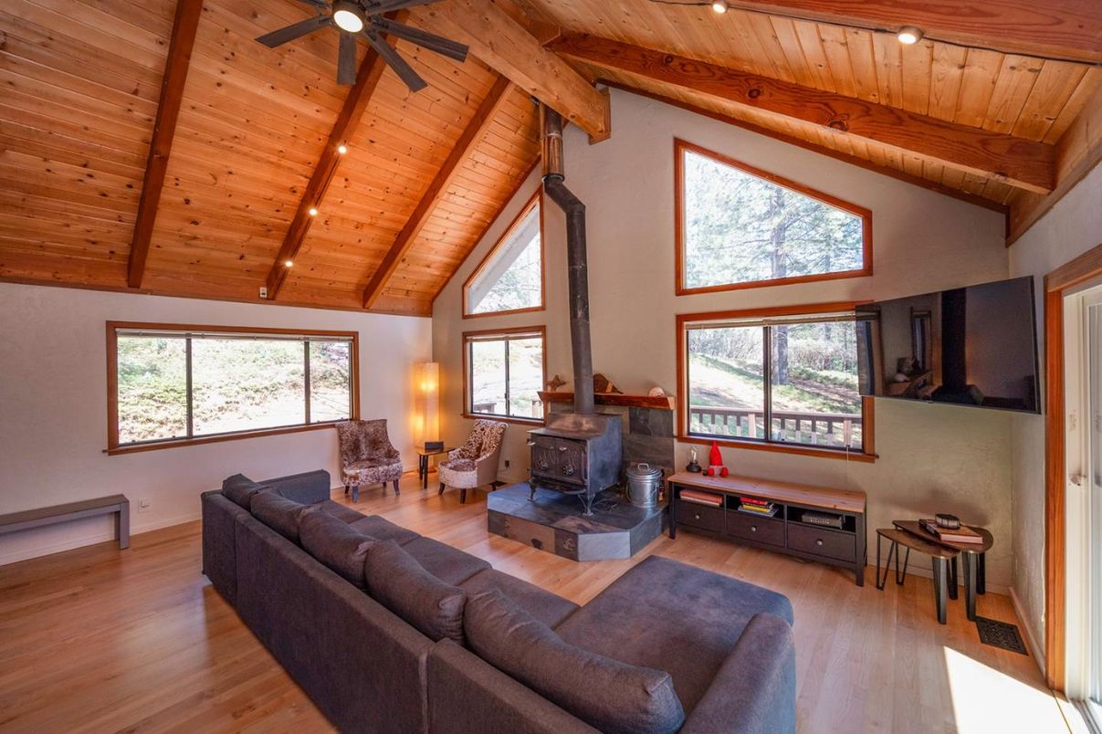 Fireplace, Interior, Living room, Recessed Lighting, Wooden Beams, Wooden Ceilings, Wood Texture Flooring