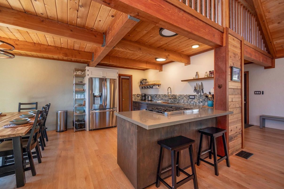 Interior, Kitchen, Recessed Lighting, Stainless Steel Appliances, Wooden Beams, Wooden Ceilings, Wood Texture Flooring