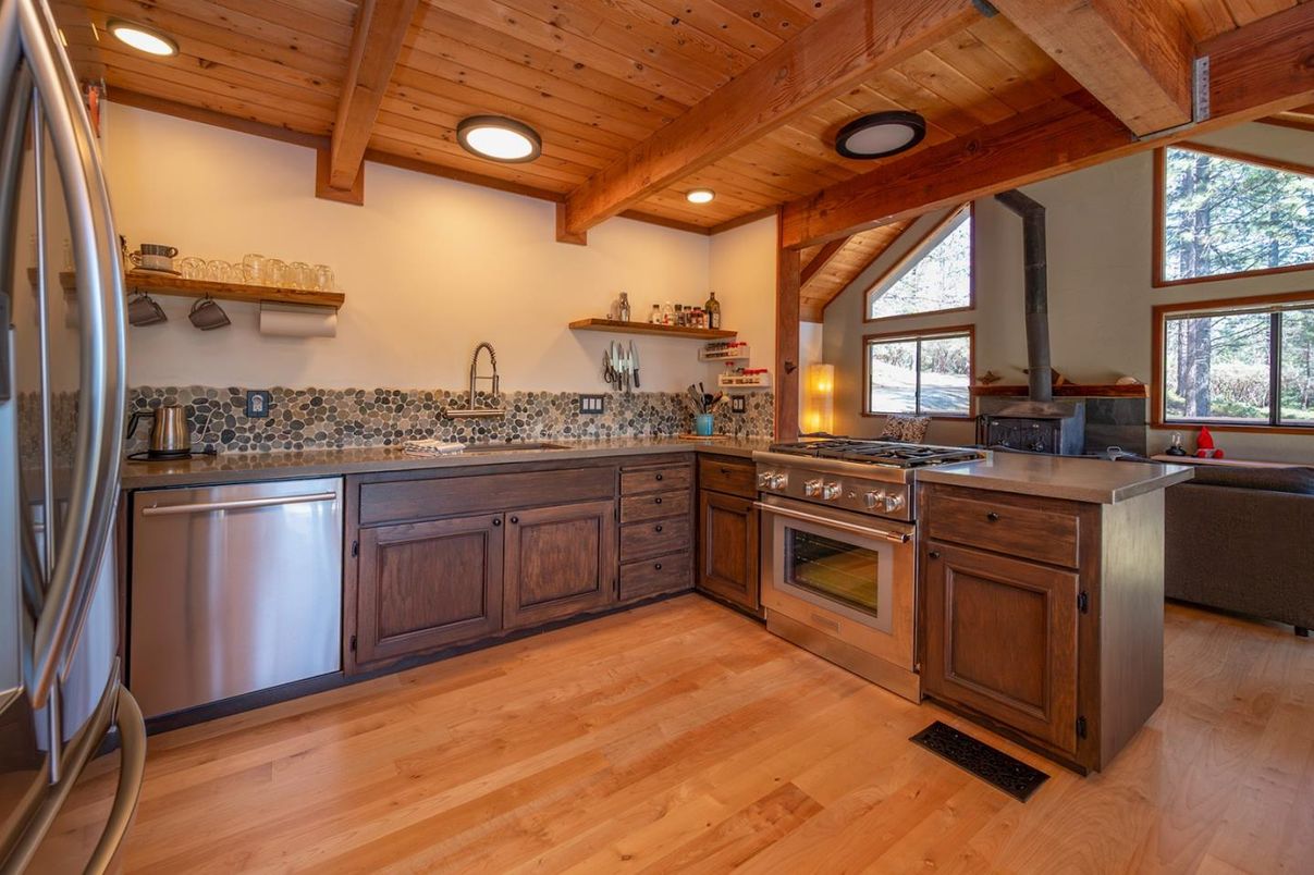 Interior, Kitchen, Recessed Lighting, Stainless Steel Appliances, Wooden Beams, Wooden Ceilings, Wood Texture Flooring