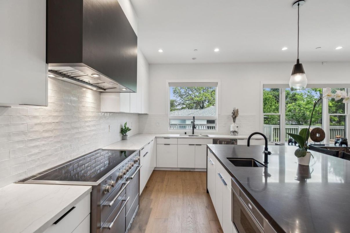 Interior, Kitchen, Pendant Lights, Recessed Lighting, Stainless Steel Appliances, Wood Texture Flooring