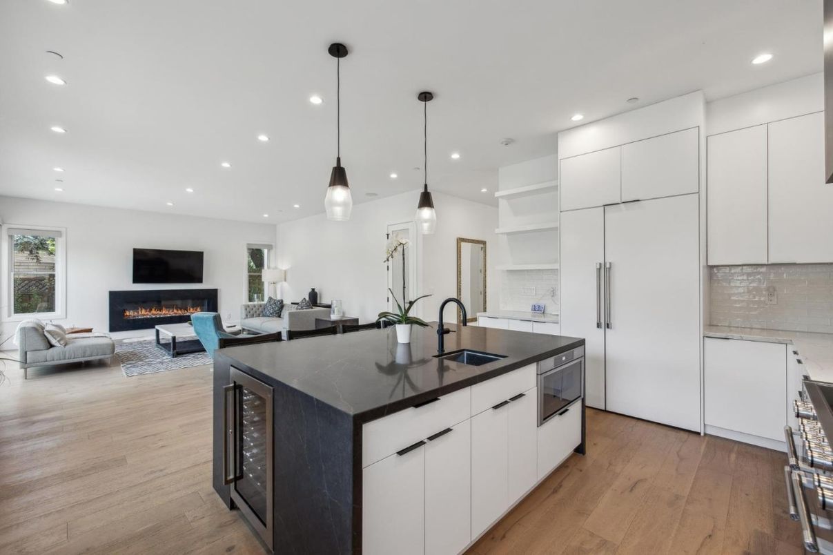 Fireplace, Interior, Kitchen, Living room, Pendant Lights, Recessed Lighting, Wood Texture Flooring