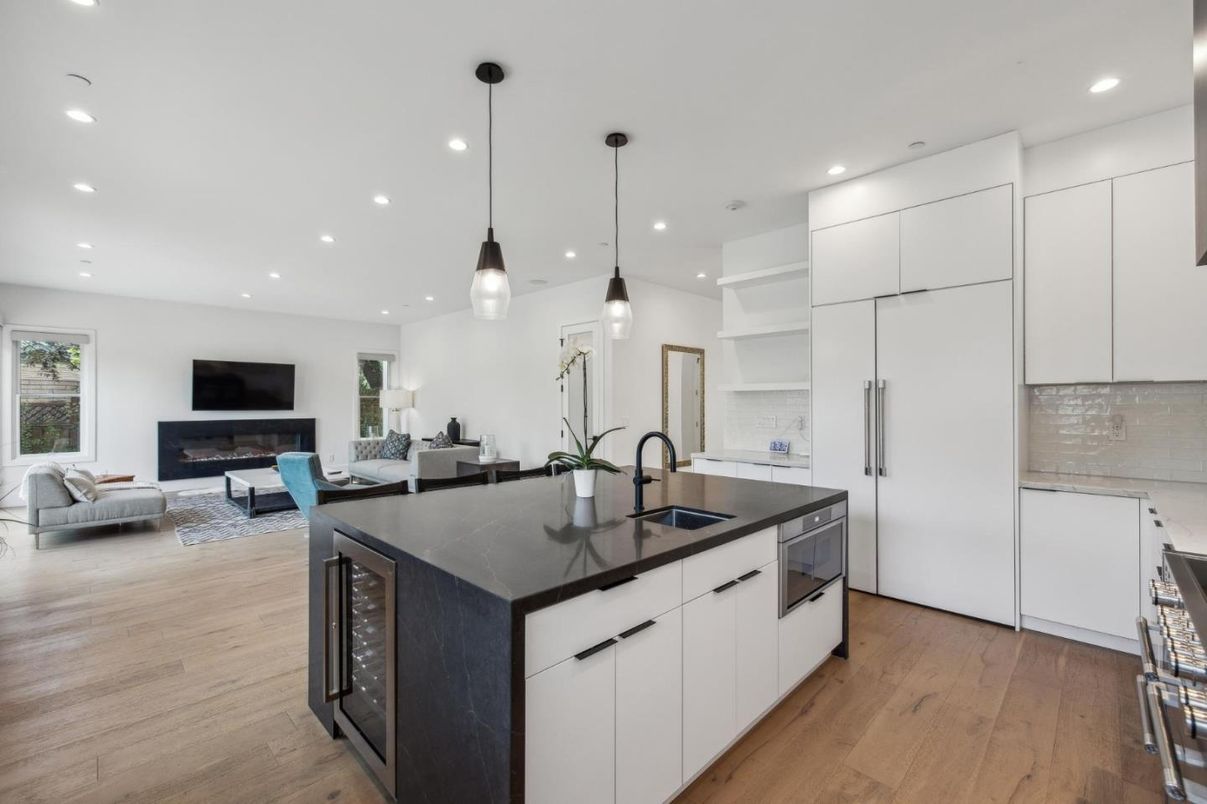 Fireplace, Interior, Kitchen, Living room, Pendant Lights, Recessed Lighting, Wood Texture Flooring