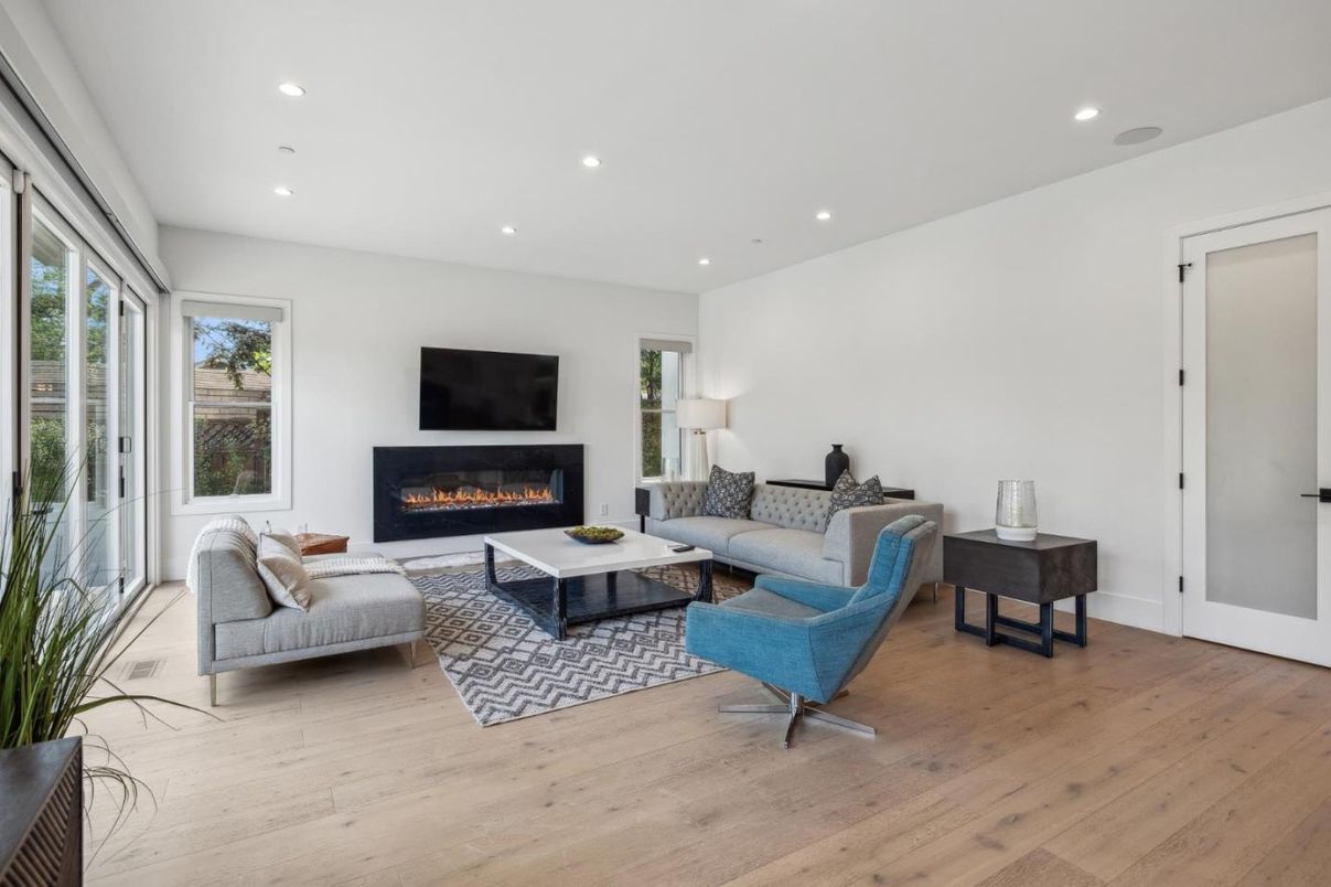 Fireplace, Interior, Living room, Recessed Lighting, Wood Texture Flooring
