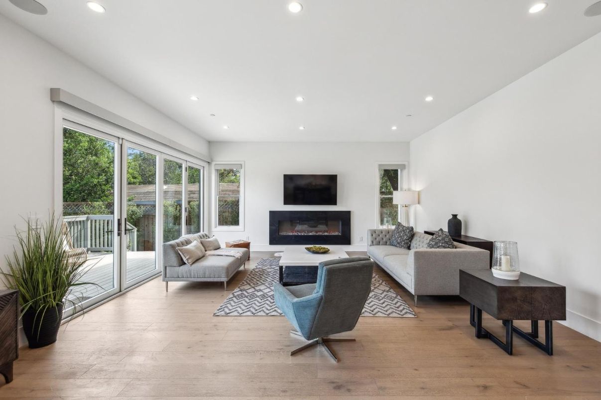 Fireplace, Interior, Living room, Recessed Lighting, Wood Texture Flooring