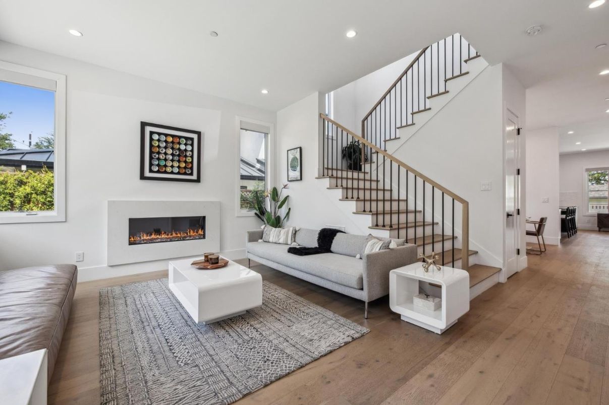 Fireplace, Interior, Living room, Recessed Lighting, Wood Texture Flooring