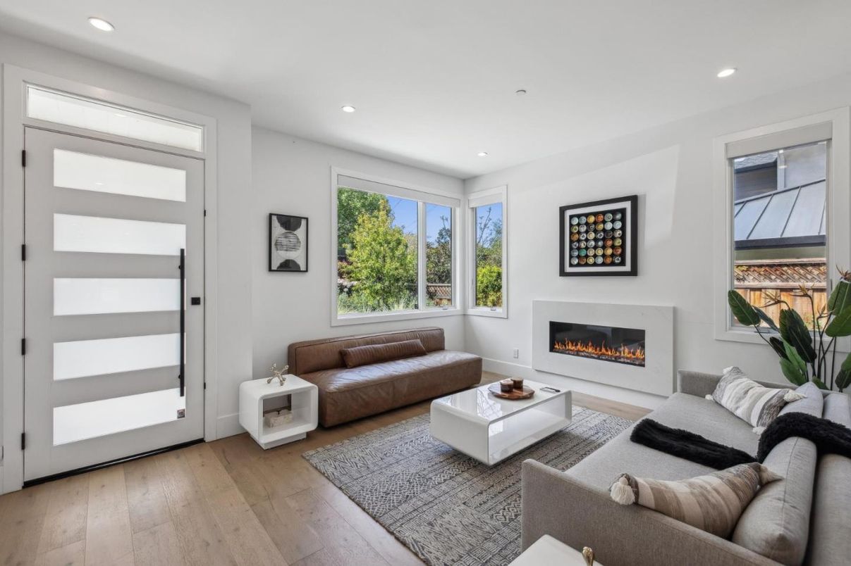 Fireplace, Interior, Living room, Recessed Lighting, Wood Texture Flooring