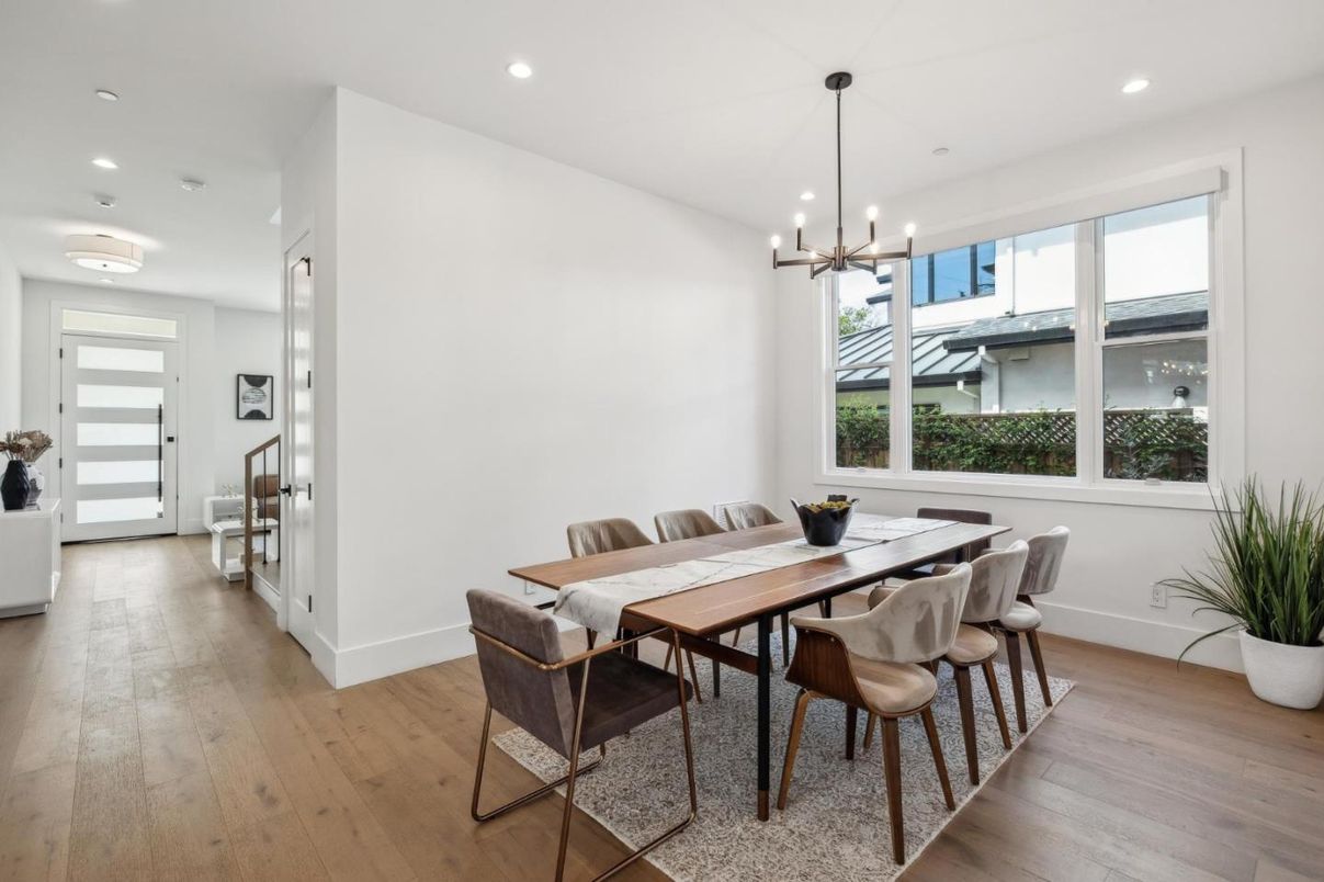 Dining room, Interior, Pendant Lights, Recessed Lighting, Wood Texture Flooring
