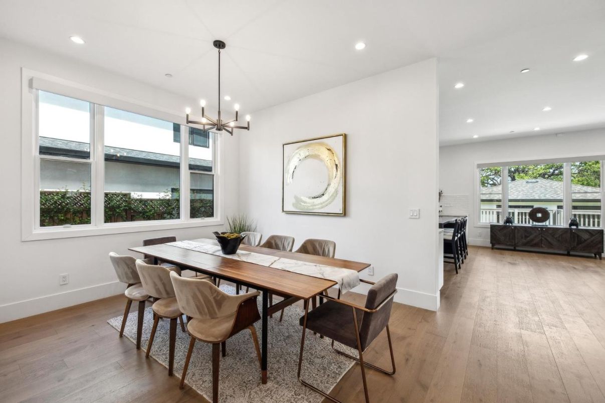 Dining room, Interior, Pendant Lights, Recessed Lighting, Wood Texture Flooring