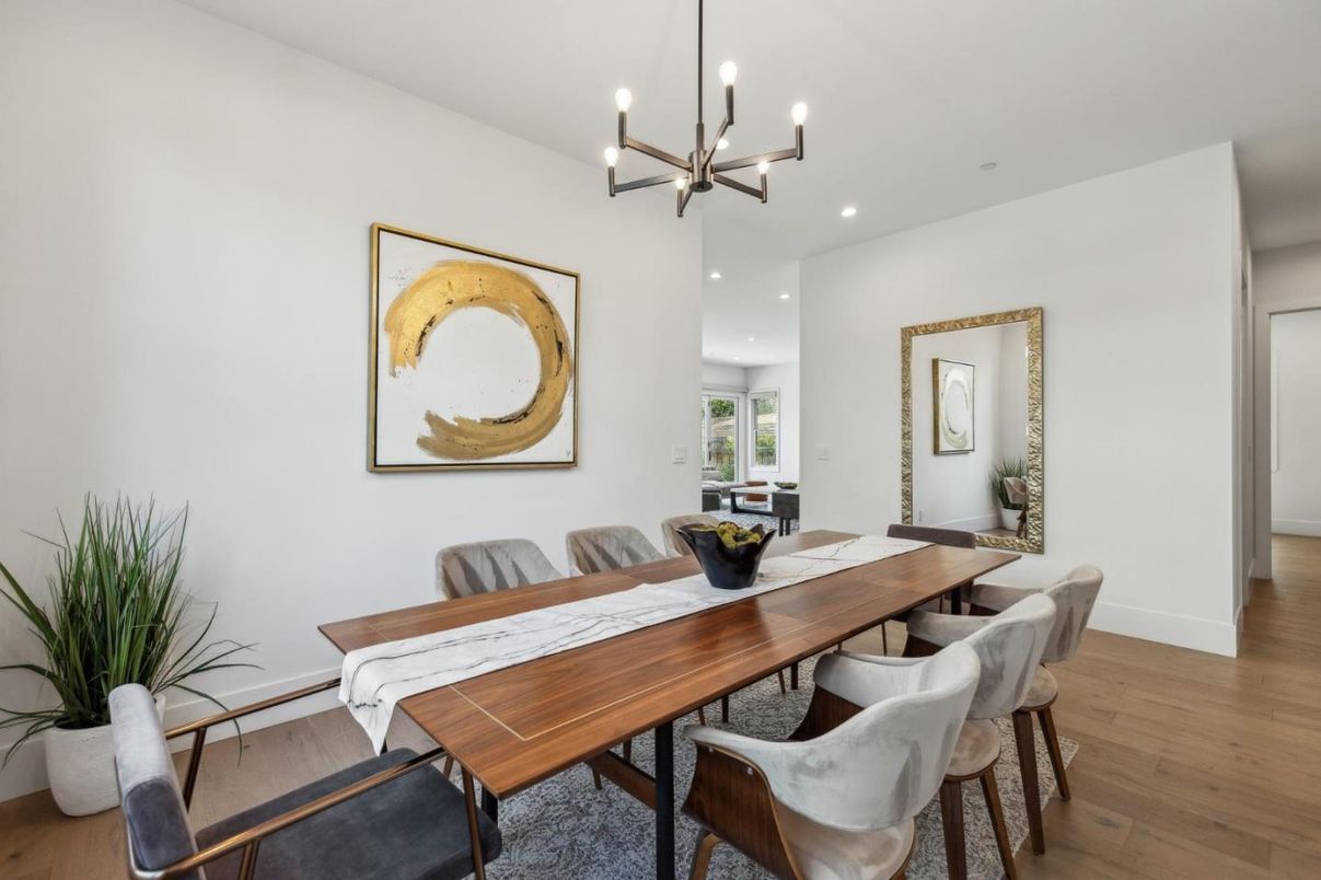 Chandelier, Dining room, Interior, Pendant Lights, Recessed Lighting, Wood Texture Flooring