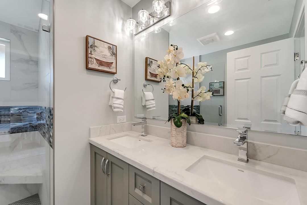 Bathroom, Dual Sink Vanities, Interior, Marble Walls, Recessed Lighting
