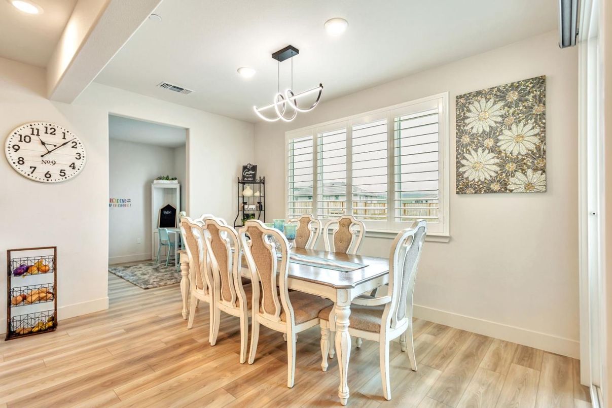 Dining room, Interior, Pendant Lights, Recessed Lighting, Wood Texture Flooring
