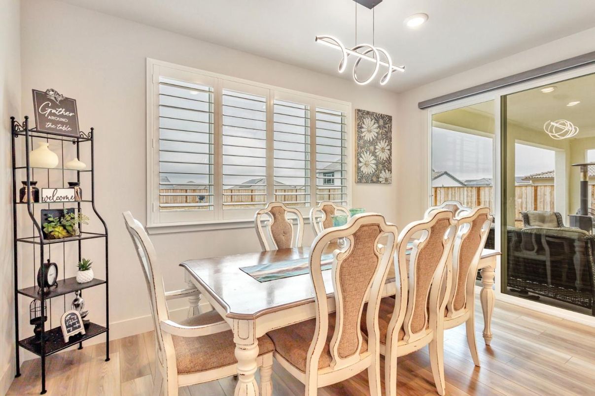 Dining room, Interior, Pendant Lights, Recessed Lighting, Wood Texture Flooring