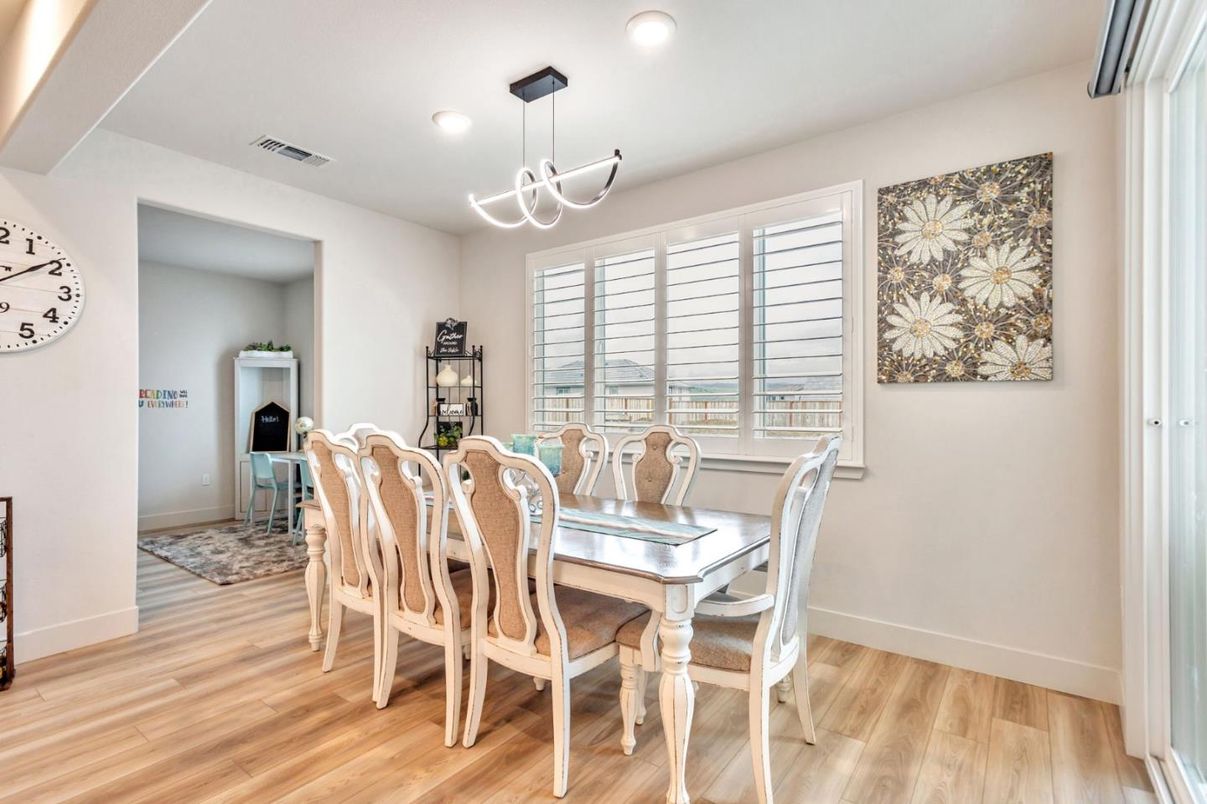 Dining room, Interior, Pendant Lights, Recessed Lighting, Wood Texture Flooring