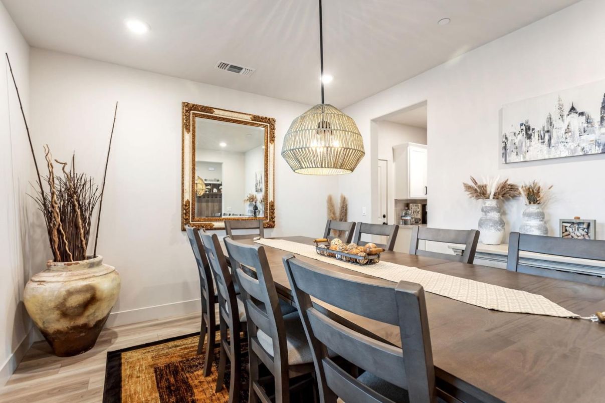 Dining room, Interior, Pendant Lights, Recessed Lighting, Wood Texture Flooring