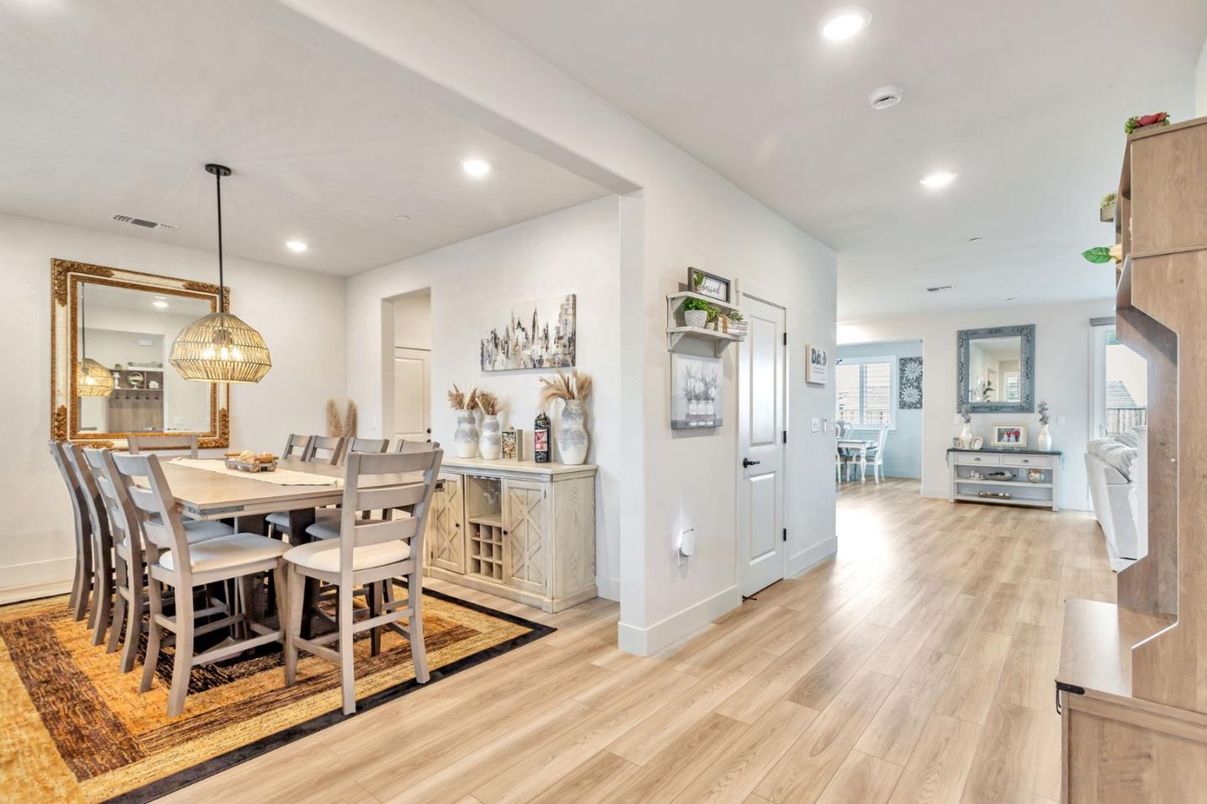Dining room, Interior, Pendant Lights, Recessed Lighting, Wood Texture Flooring