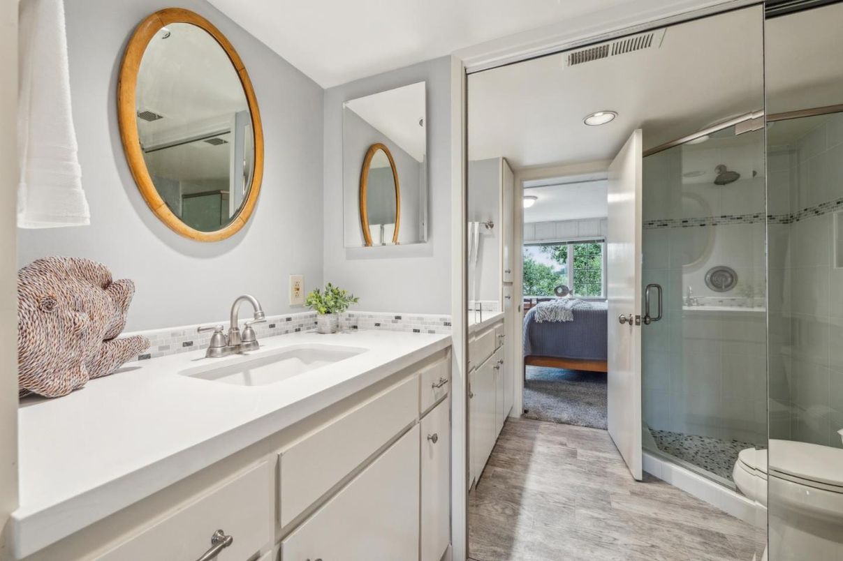 Bathroom, Glass Shower, Interior, Recessed Lighting, Wood Texture Flooring