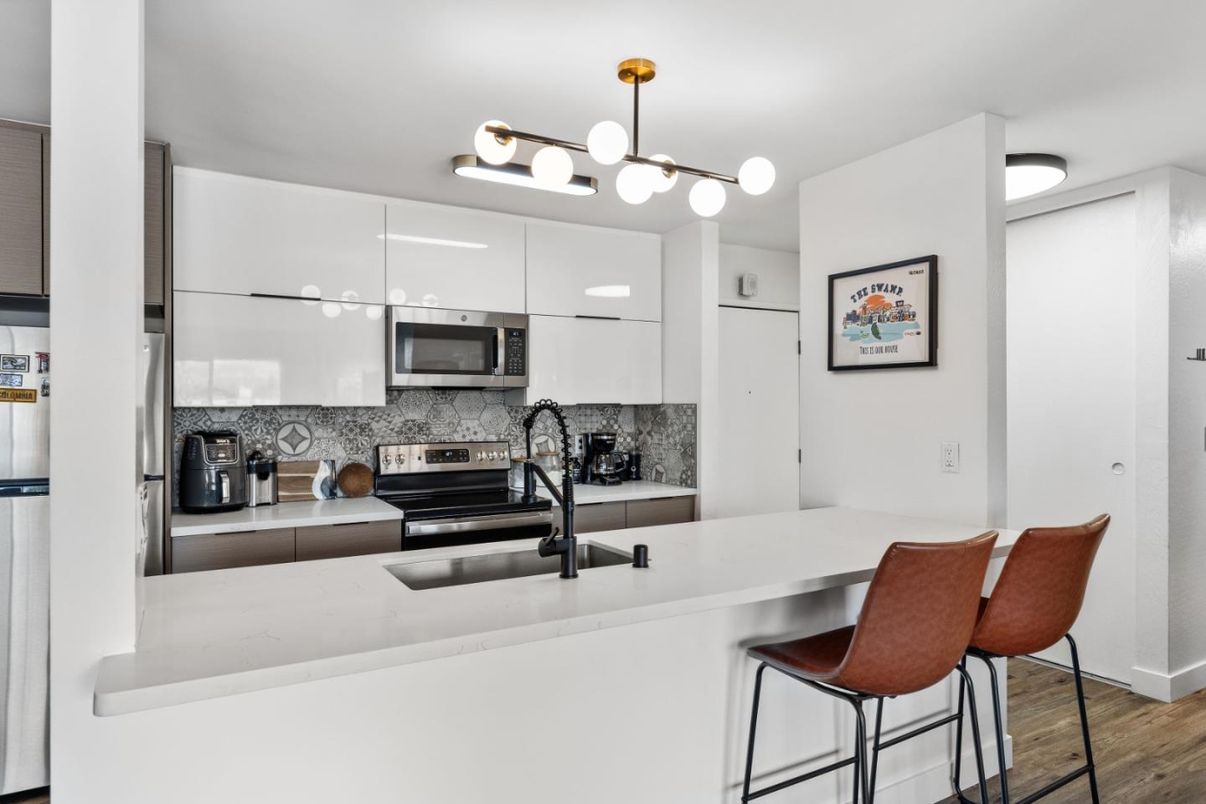 Interior, Kitchen, Pendant Lights, Stainless Steel Appliances, Wood Texture Flooring