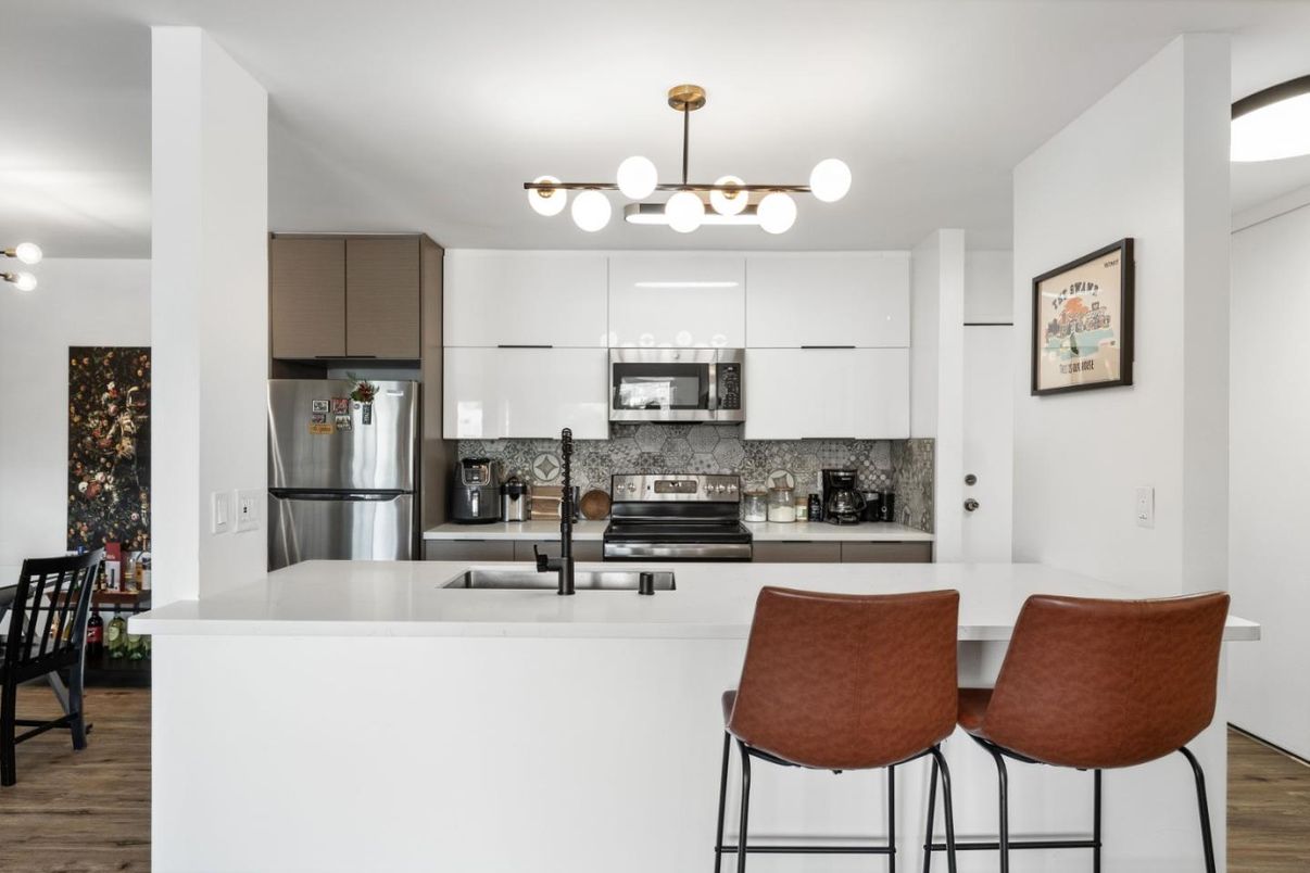 Interior, Kitchen, Pendant Lights, Stainless Steel Appliances, Wood Texture Flooring