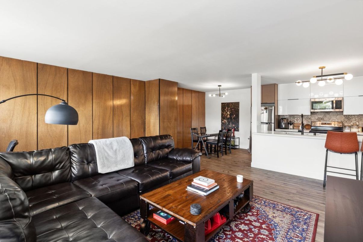 Dining room, Interior, Kitchen, Living room, Pendant Lights, Stainless Steel Appliances, Wood Texture Flooring
