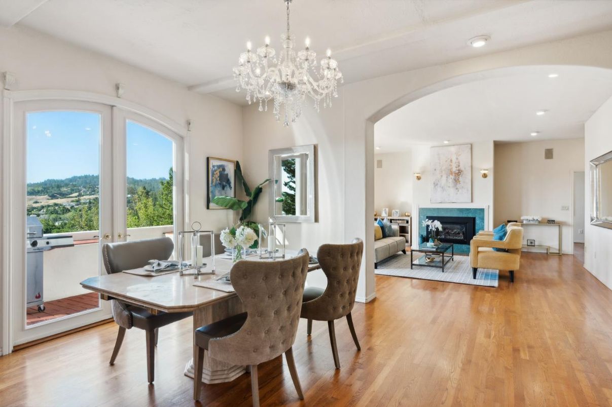Chandelier, Dining room, Fireplace, Interior, Living room, Recessed Lighting, Wood Texture Flooring