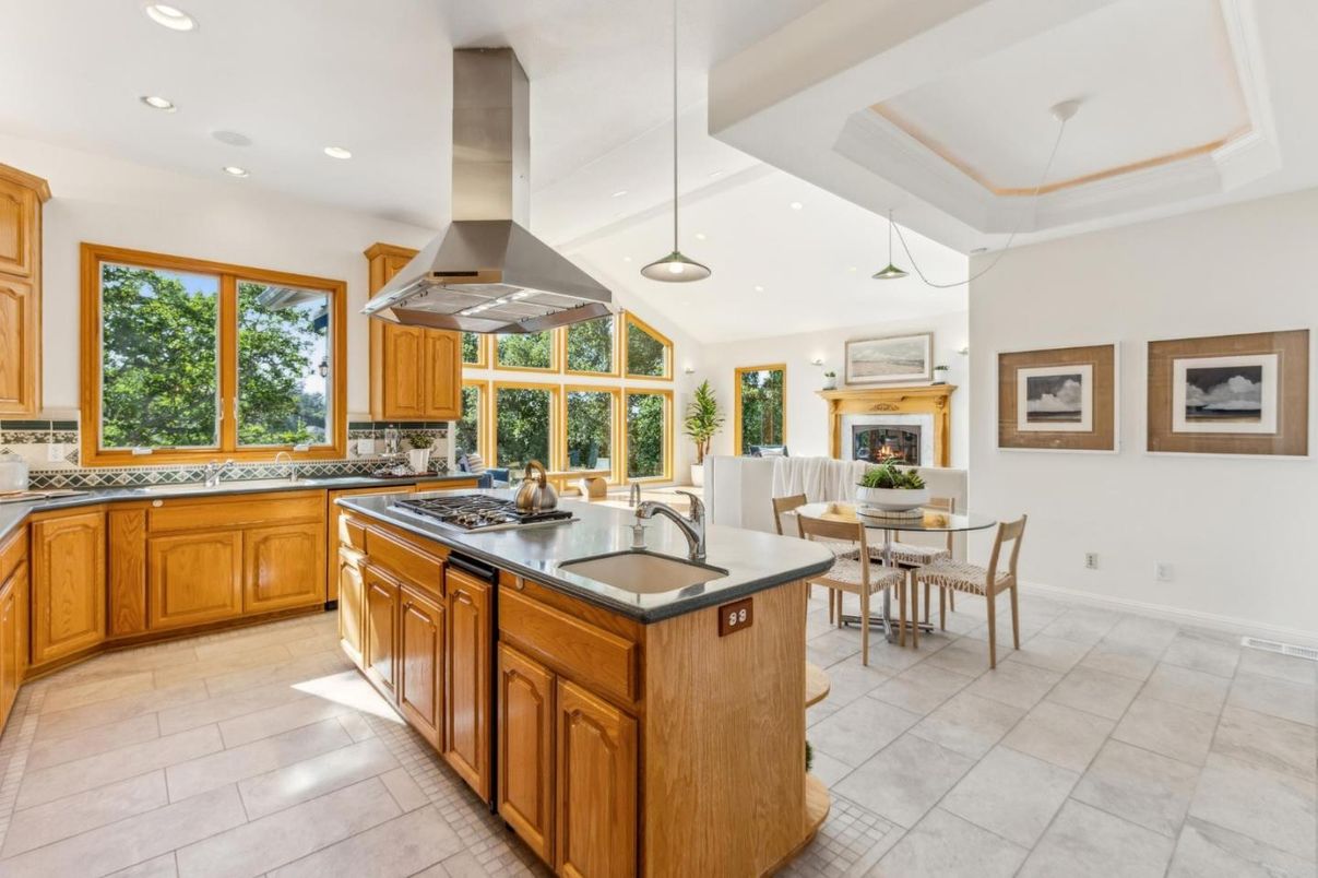 Dining room, Fireplace, Interior, Kitchen, Living room, Pendant Lights, Recessed Lighting, Stainless Steel Appliances